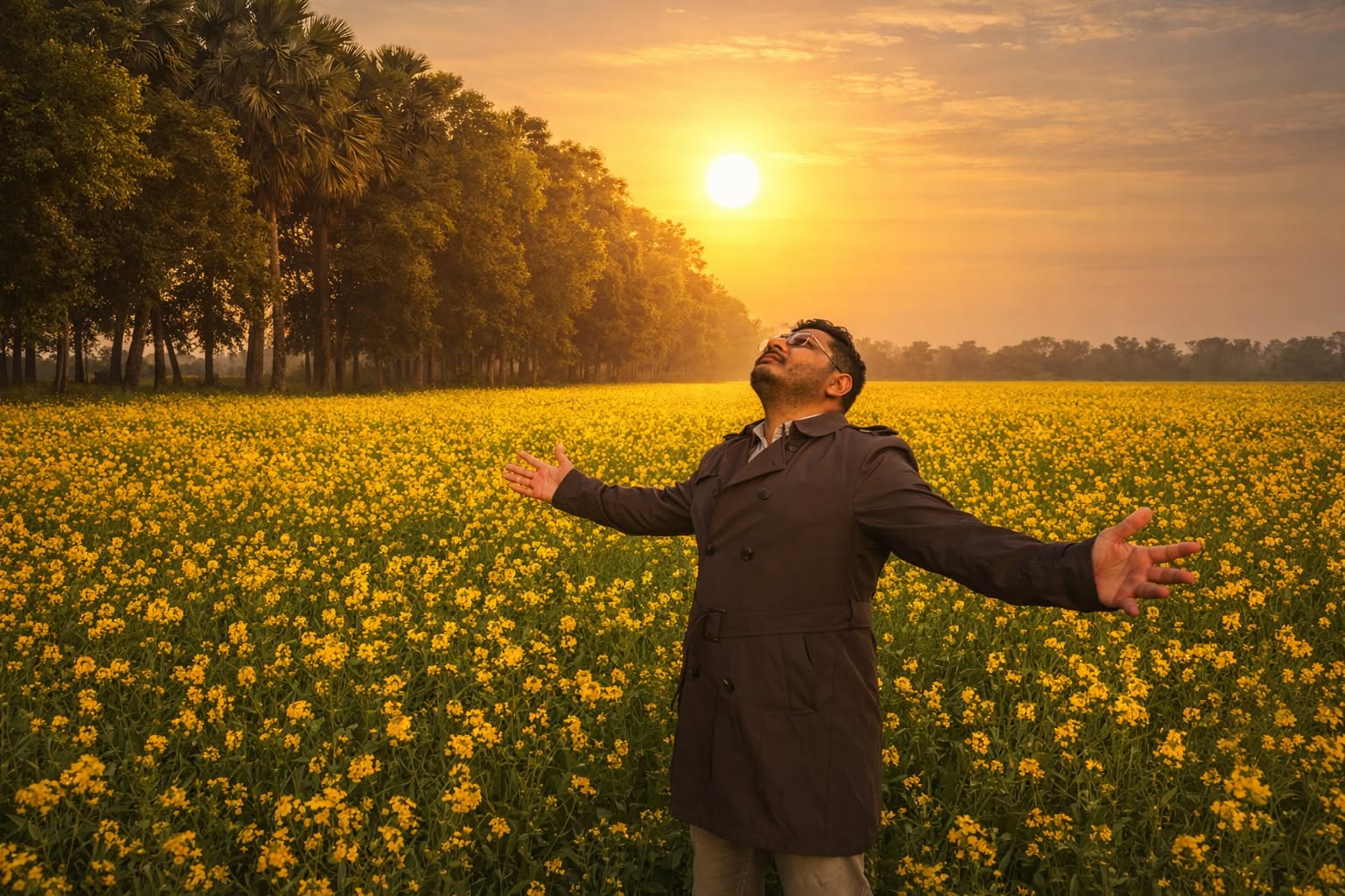 Homeland reflection during rural fieldwork in golden mustard fields of Bangladesh.