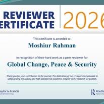 Official Peer Reviewer Certificate awarded by Taylor & Francis / Routledge for Global Change, Peace & Security.